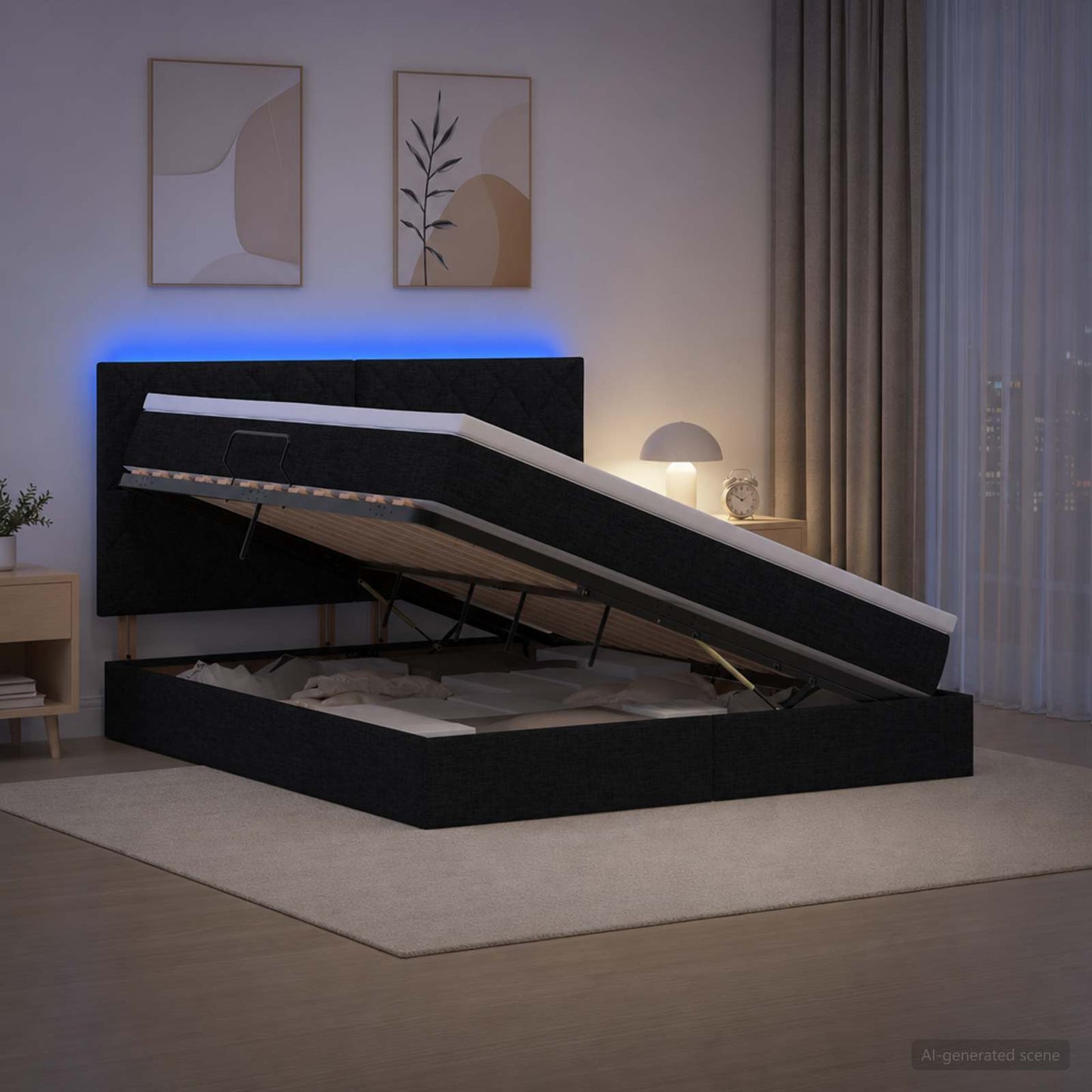 vidaXL LED Κρεβάτι αποθήκευσης με στρώμα Μαύρο 160 x 200 cm Ύφασμα