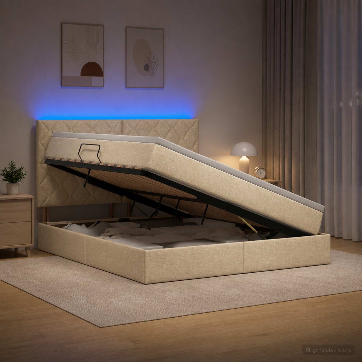 vidaXL LED Κρεβάτι αποθήκευσης με στρώμα Κρεμ 160 x 200 cm Ύφασμα