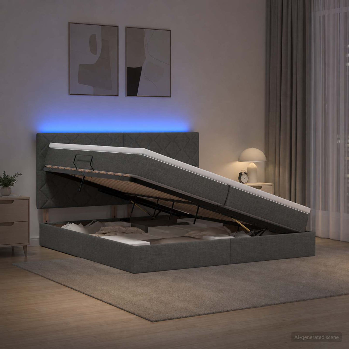 vidaXL LED Κρεβάτι αποθήκευσης με στρώμα Σκούρο Γκρι 200 x 200 cm