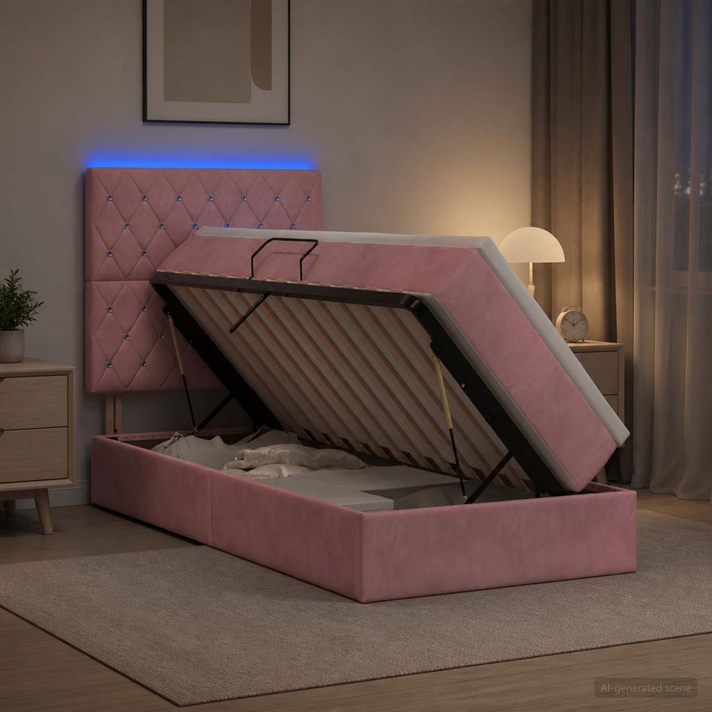 vidaXL LED Κρεβάτι αποθήκευσης με στρώμα Ροζ 90 x 200 cm Βελούδο
