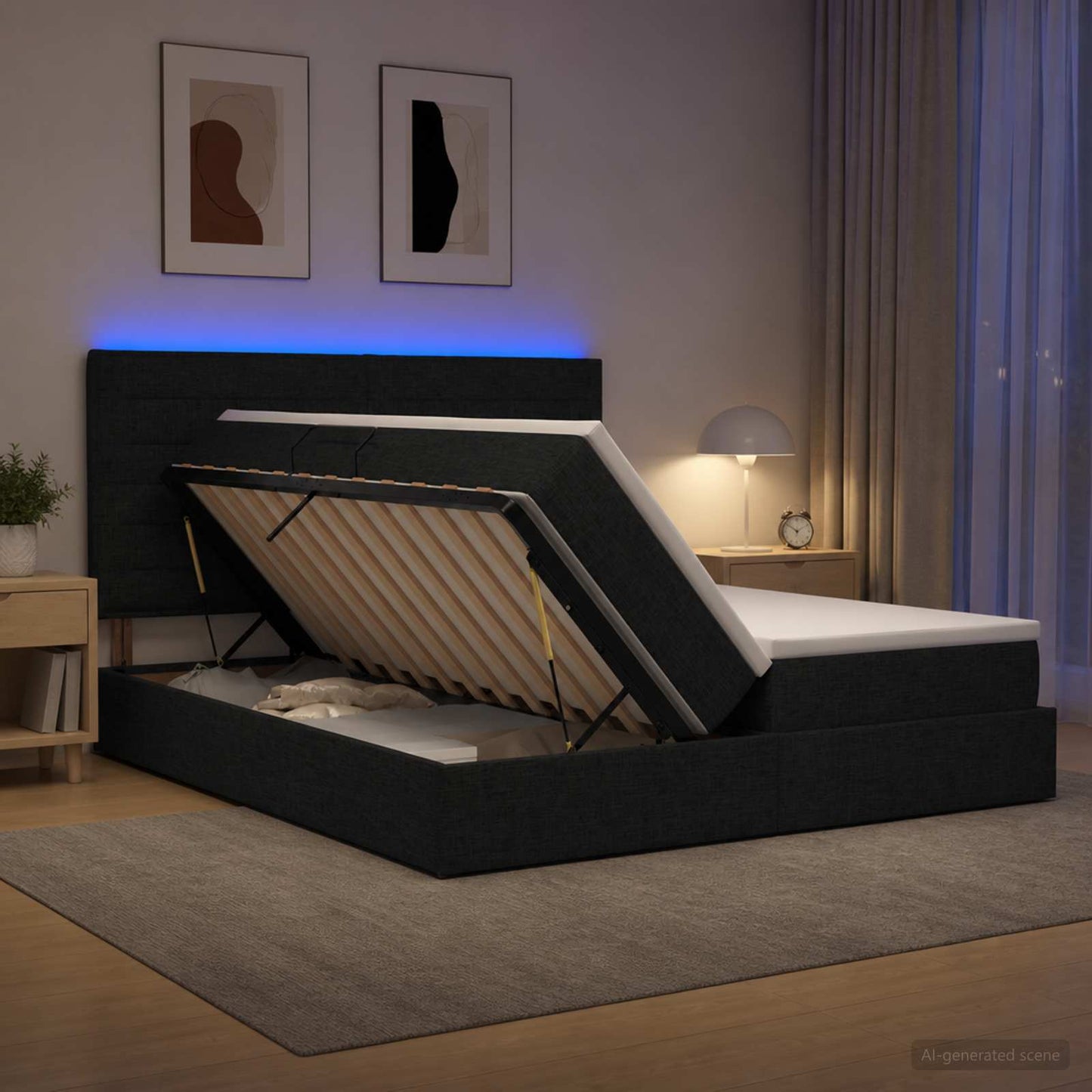 vidaXL LED Κρεβάτι αποθήκευσης με στρώμα Μαύρο 180 x 200 cm Ύφασμα