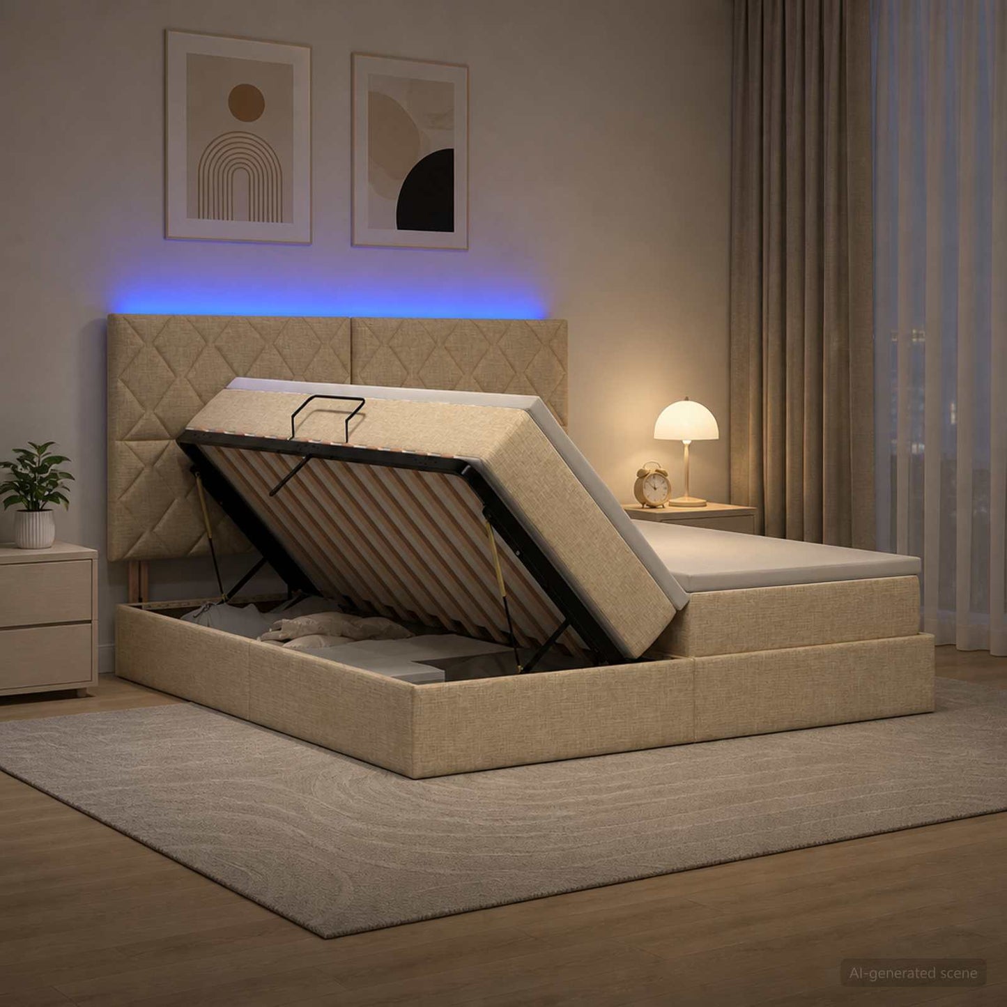 vidaXL LED Κρεβάτι αποθήκευσης με στρώμα Κρεμ 200 x 200 cm Ύφασμα