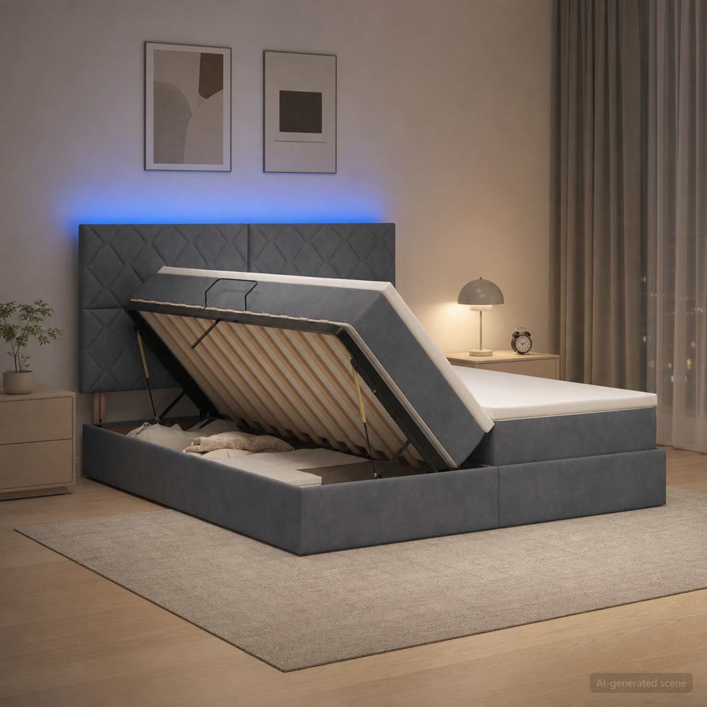 vidaXL LED Κρεβάτι αποθήκευσης με στρώμα Σκούρο Γκρι 200 x 200 cm