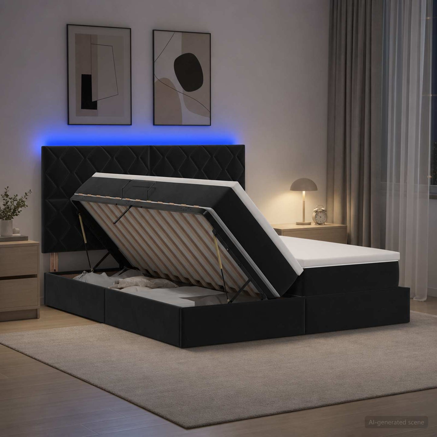vidaXL LED Κρεβάτι αποθήκευσης με στρώμα Μαύρο 180 x 200 cm Βελούδο