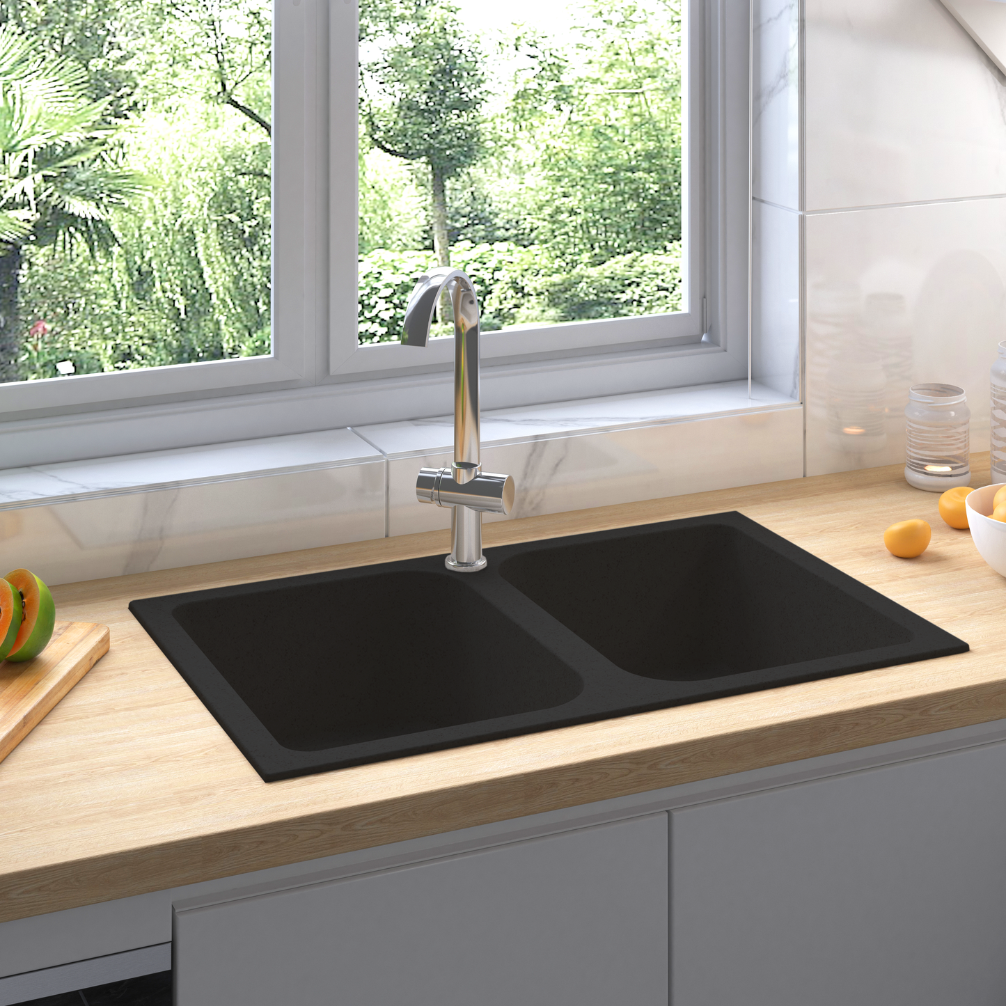 vidaXL Σιντρινο κουζίνας Μαύρο 76 x 48 x 30 εκ. Κουαρτζ και Ρητίνη