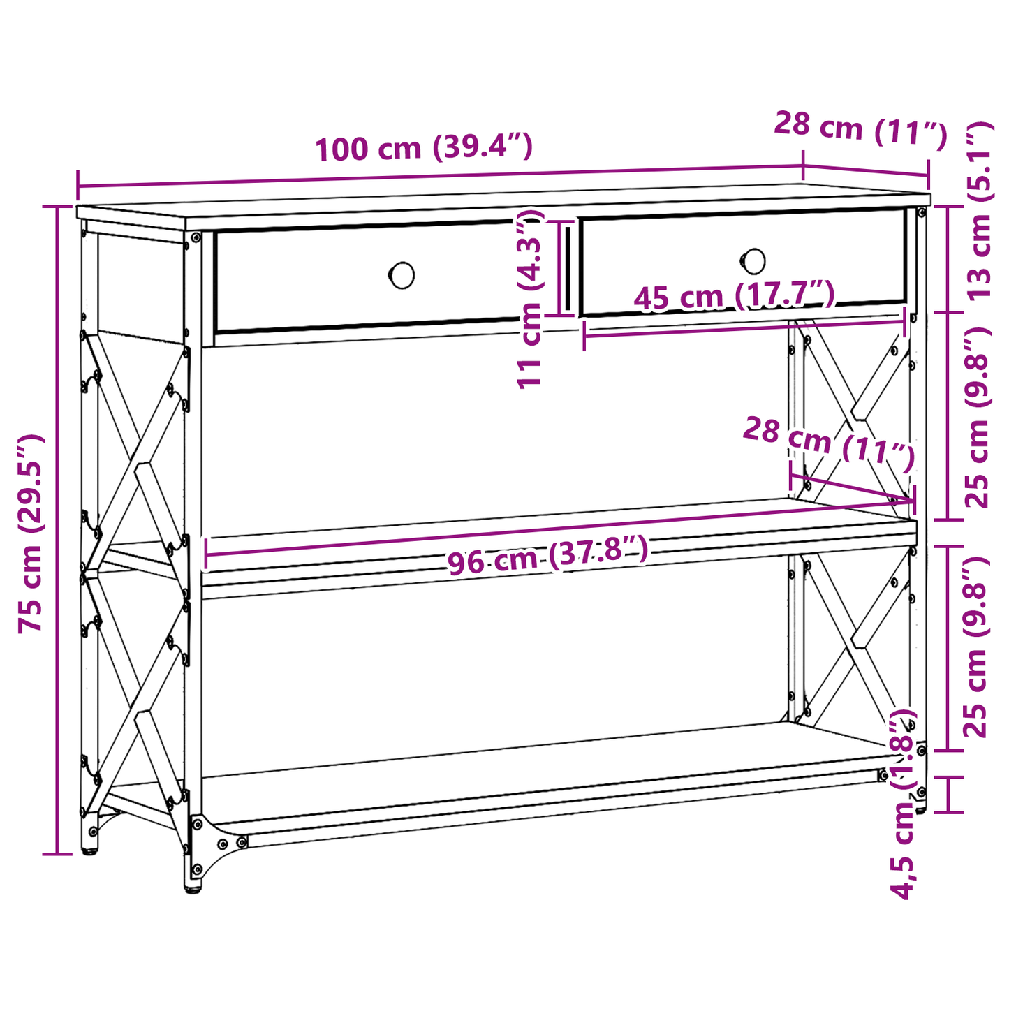 vidaXL Κονσόλα Τραπέζι με συρτάρι artisan δρυς 100 x 28 x 75 εκ.